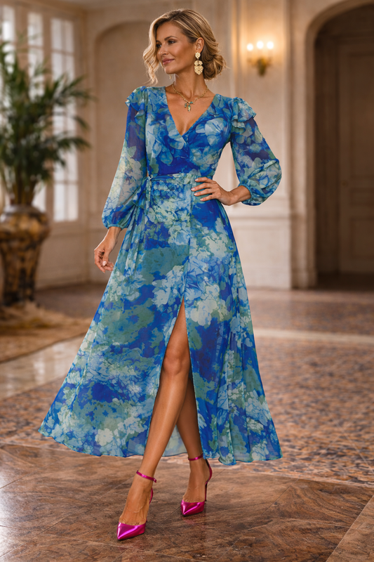 Vestido Fiesta Cocktail Midi Floral – Elegancia en Azul y Verde | T42