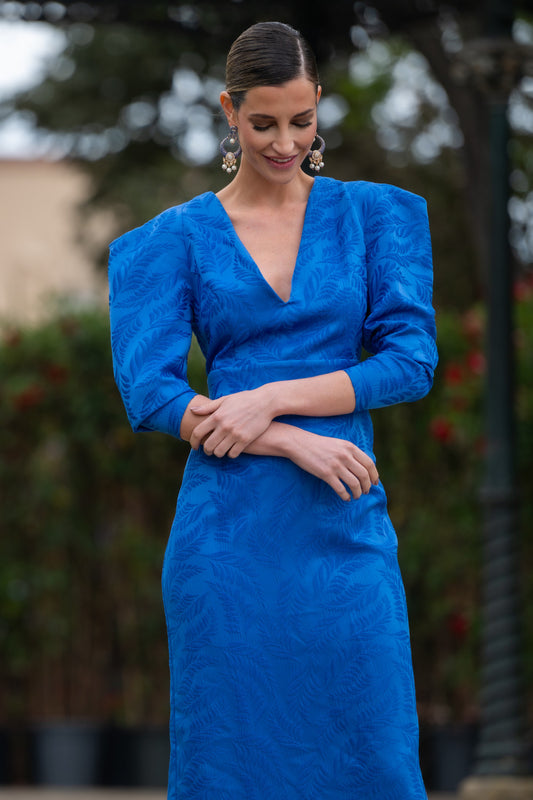 Vestido Fiesta Viña Azul en Brocado – Manga Abullonada