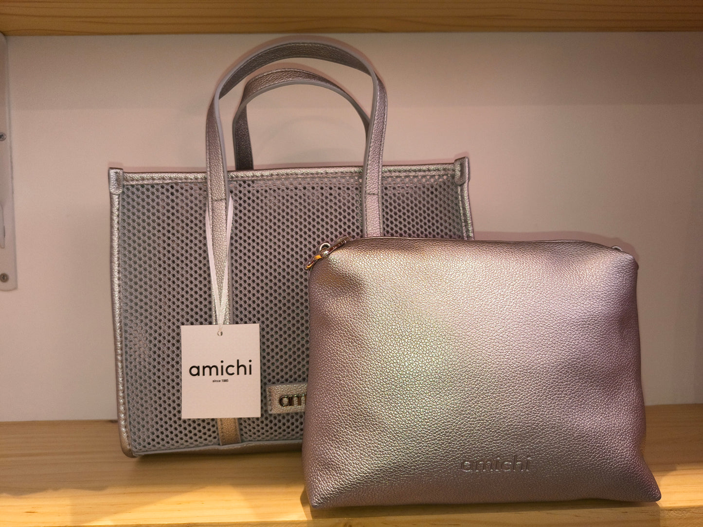 Bolso Amichi Tipo Rejilla con Bolso Interior y Bandolera · Plata, Marrón o Beige Metalizado