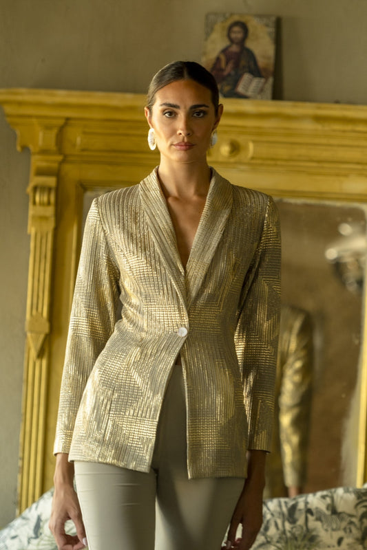 Chaqueta Nácar Verde con Dorado · Corte Recto con Solapa