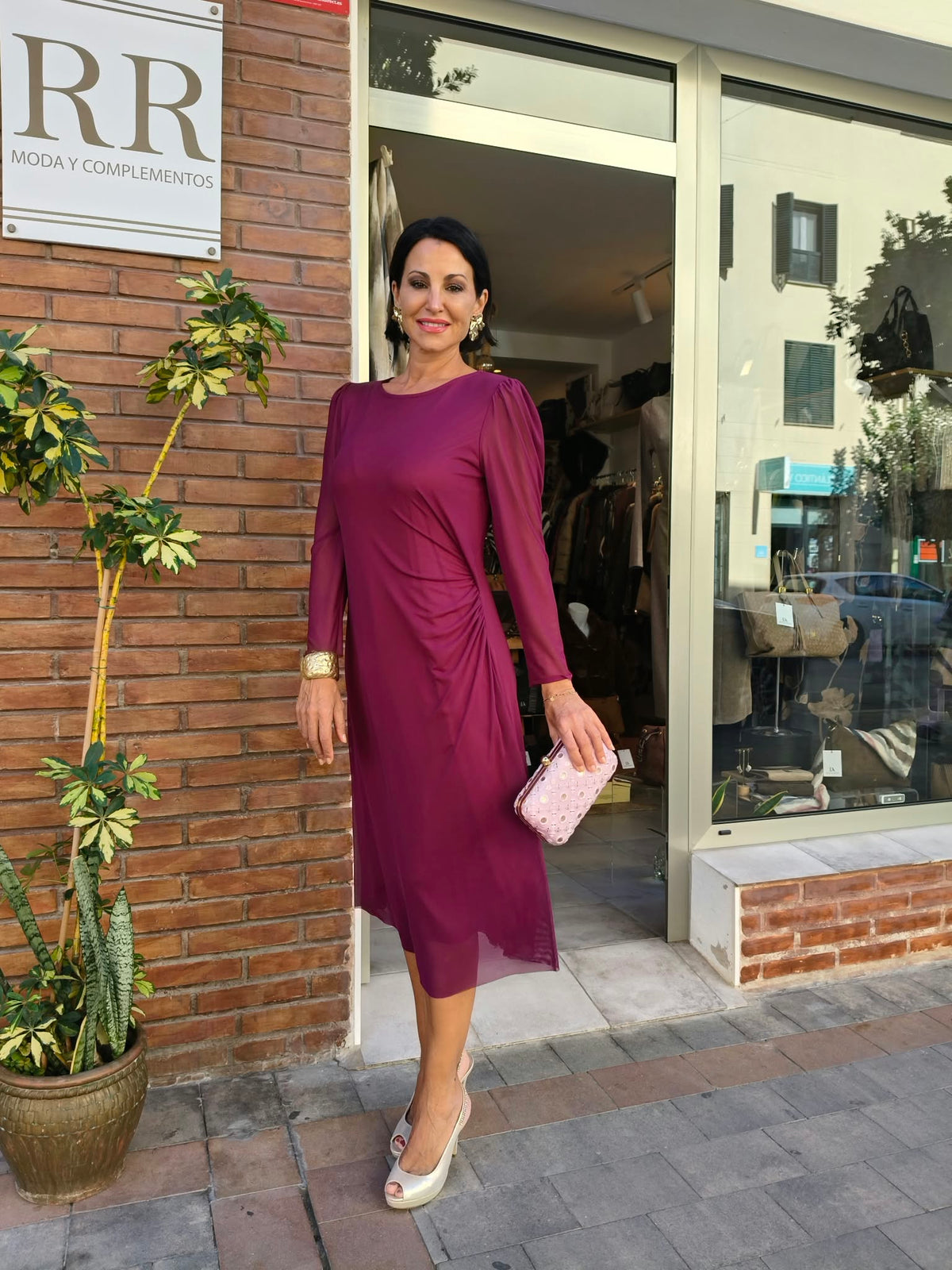 Vestido midi de tul buganvilla con frunce lateral | Adet
