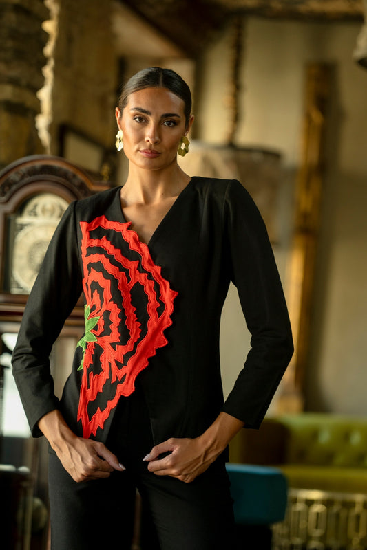 Chaqueta Clavellina Negra con Clavel Rojo Cruzado