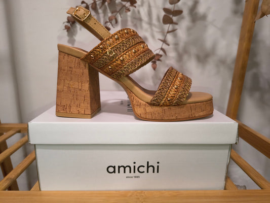 Sandalia tacón Amichi rafia y dorado