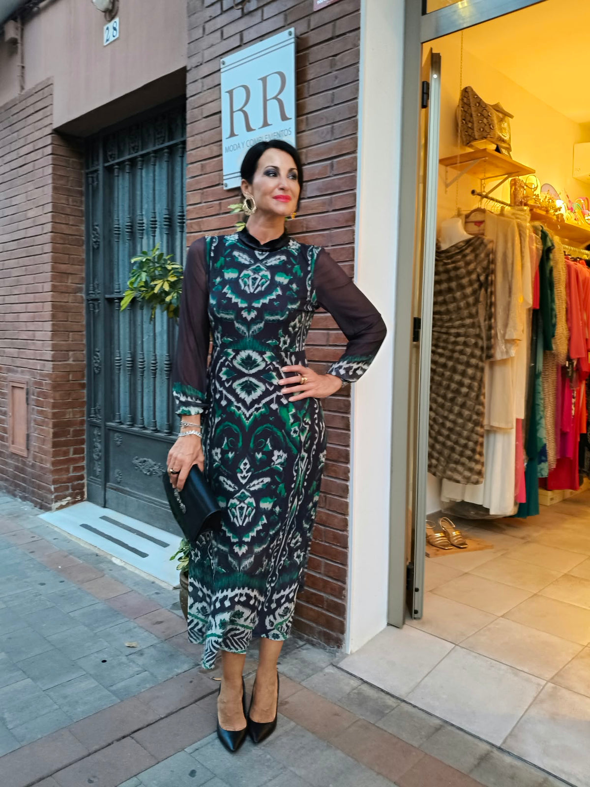Vestido Malala midi estampado verde con mangas de tul