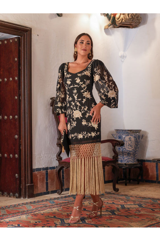 Vestido Fiesta Tango Negro Kahyra con Bordado Mantón y Flecos Beige